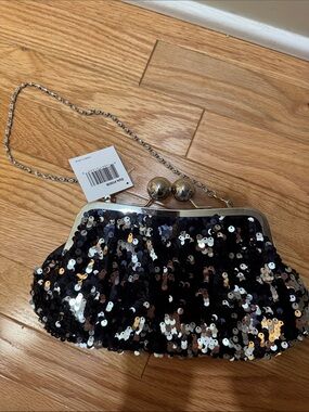 Black Sequin Evening Clutch with Silver Chain